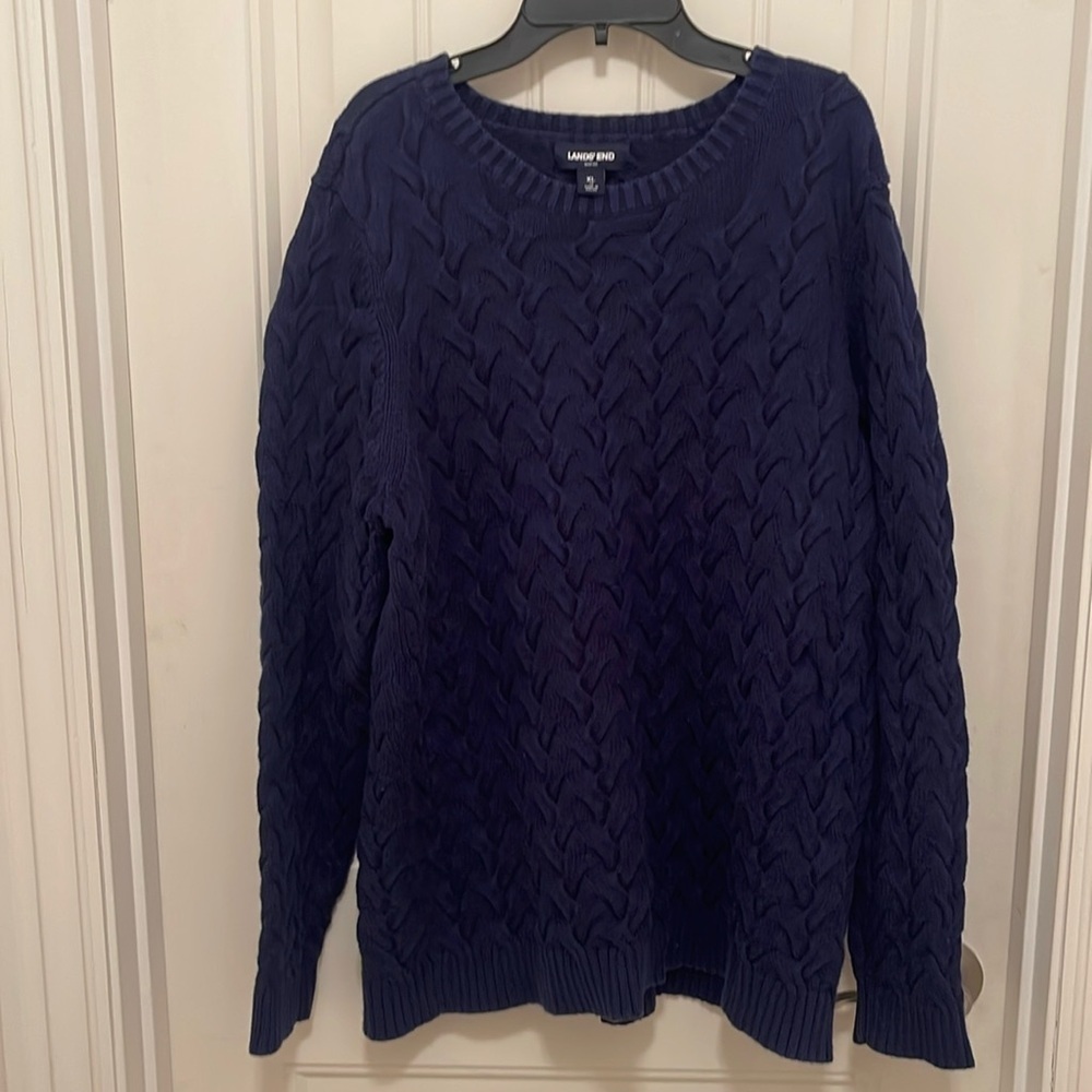 LANDS’ END DRIFTER‎ CABLE KNIT CREW NECK SWEATER 100% COTTON Women’s Sz 18 Navy